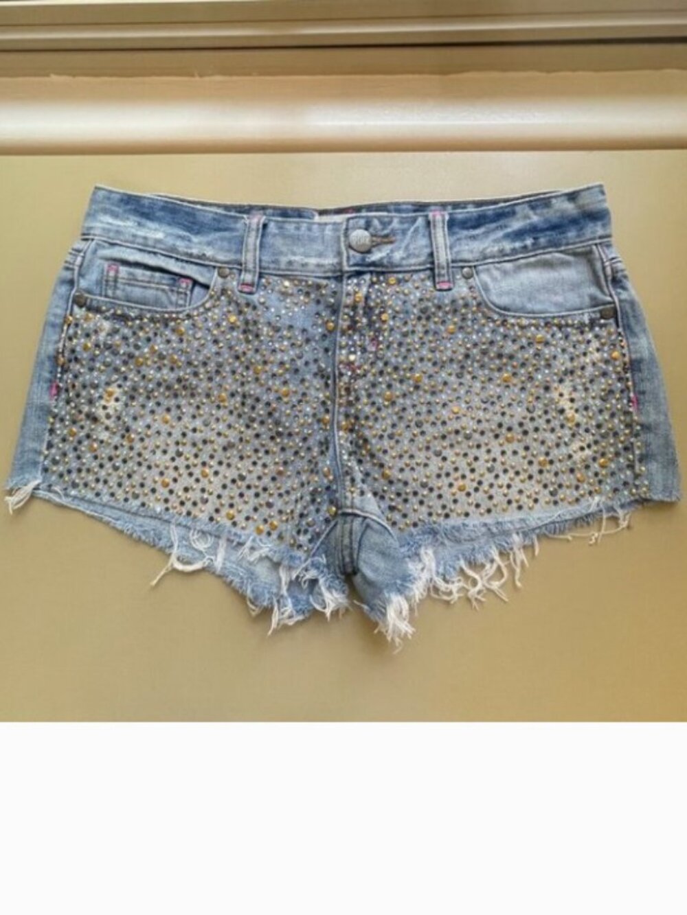Victoria's Secret Pink Shorts Blue Denim Jean Crystals Studs Distressed Size 2